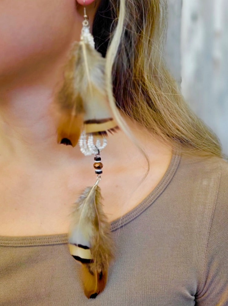 Designed and handmade in America by Tailored West™ Pearls and Feathers Long Statement Earrings - Pearl, Brown and Carmel