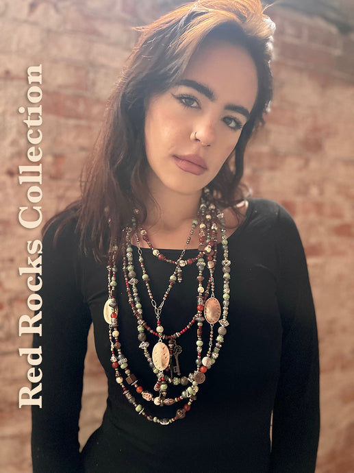 Made by Tailored West Jewelry Red Rocks Collection Necklaces Handmade Made in America USA Coral, fire agate, green aventurine beads