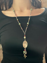 Load image into Gallery viewer, Made by Tailored West Jewelry Red Rocks Collection Necklaces Handmade Made in America USA Coral beads with green, silver and copper accents, silver medallion pendant with dangles beads
