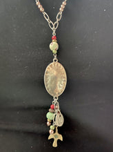 Load image into Gallery viewer, Made by Tailored West Jewelry Red Rocks Collection Necklaces Handmade Made in America USA Coral beads with green, silver and copper accents, silver medallion pendant with dangles beads close up of pendant
