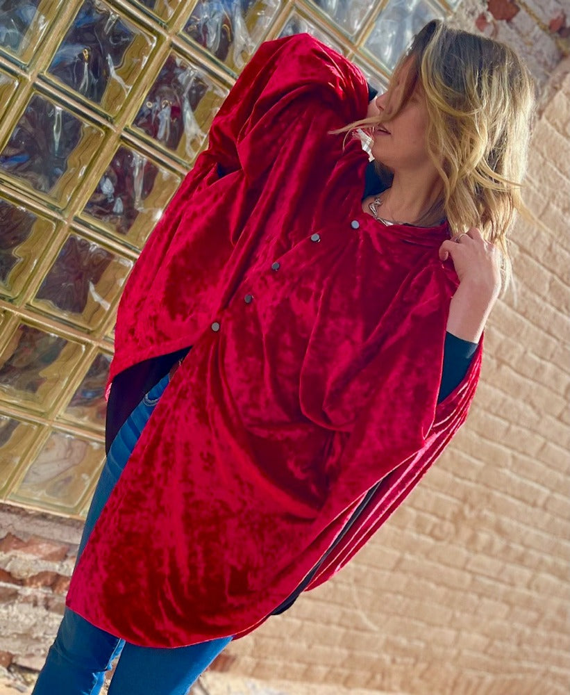 Made by Tailored West in Colorado Red Velvet Hooded Snap Front Cape with pockets Made in America Made in USA