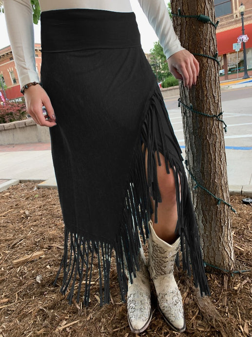 Rhonda Stark Asymmetrical Fringe Knit Skirt - Black