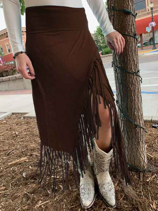 Rhonda Stark Asymmetrical Fringe Knit Skirt - Brown