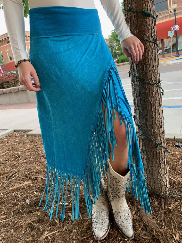 Rhonda Stark Asymmetrical Fringe Knit Skirt - Turquoise