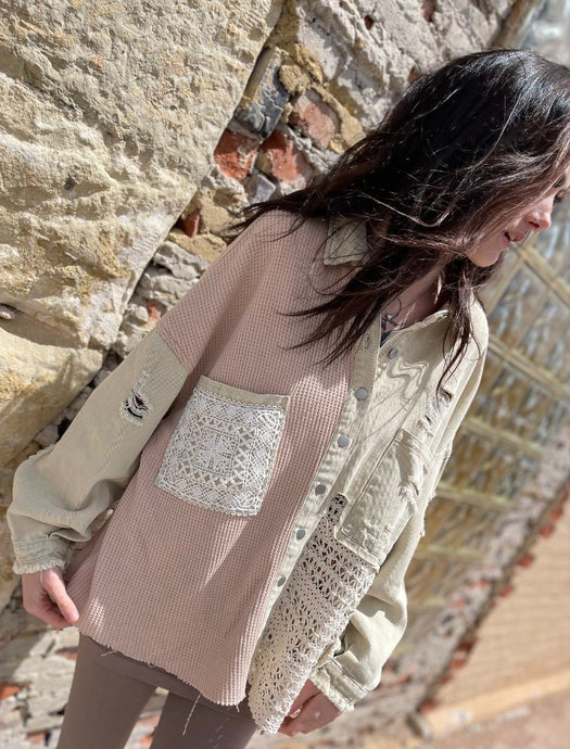 Tailored West Long Sleeve Button Front Shacket Sand Beige 