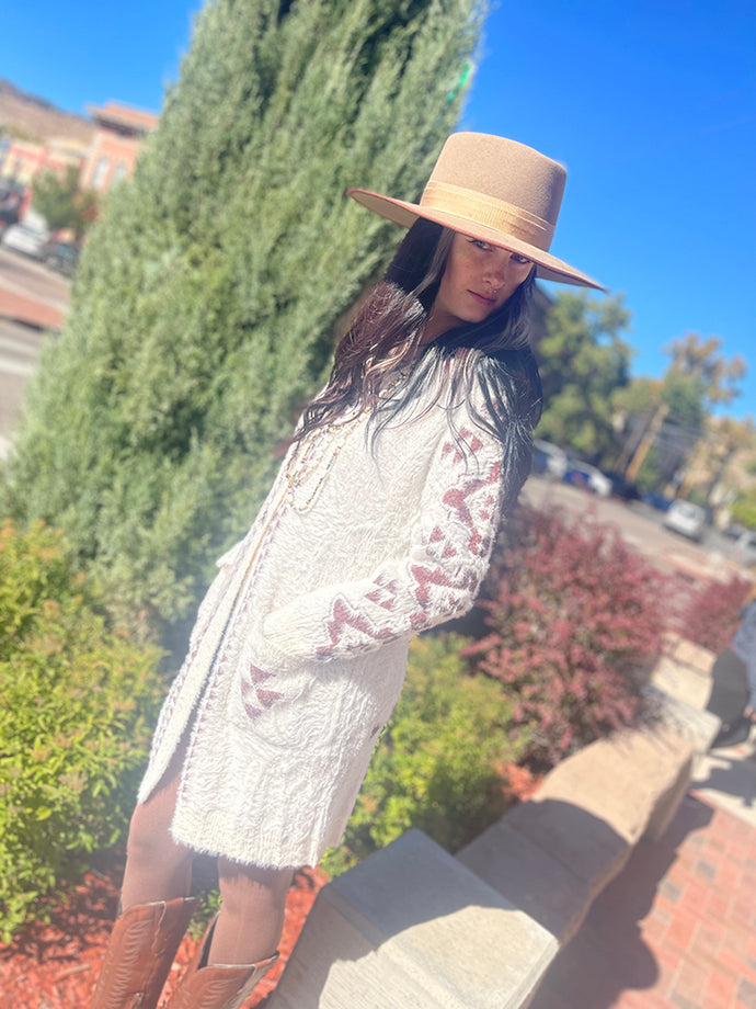 Southwestern Style Button Front Knit Coat - Cream and Warm Brown