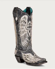 Load image into Gallery viewer, White Cross &amp; Wings overlay Cowboy Boot
