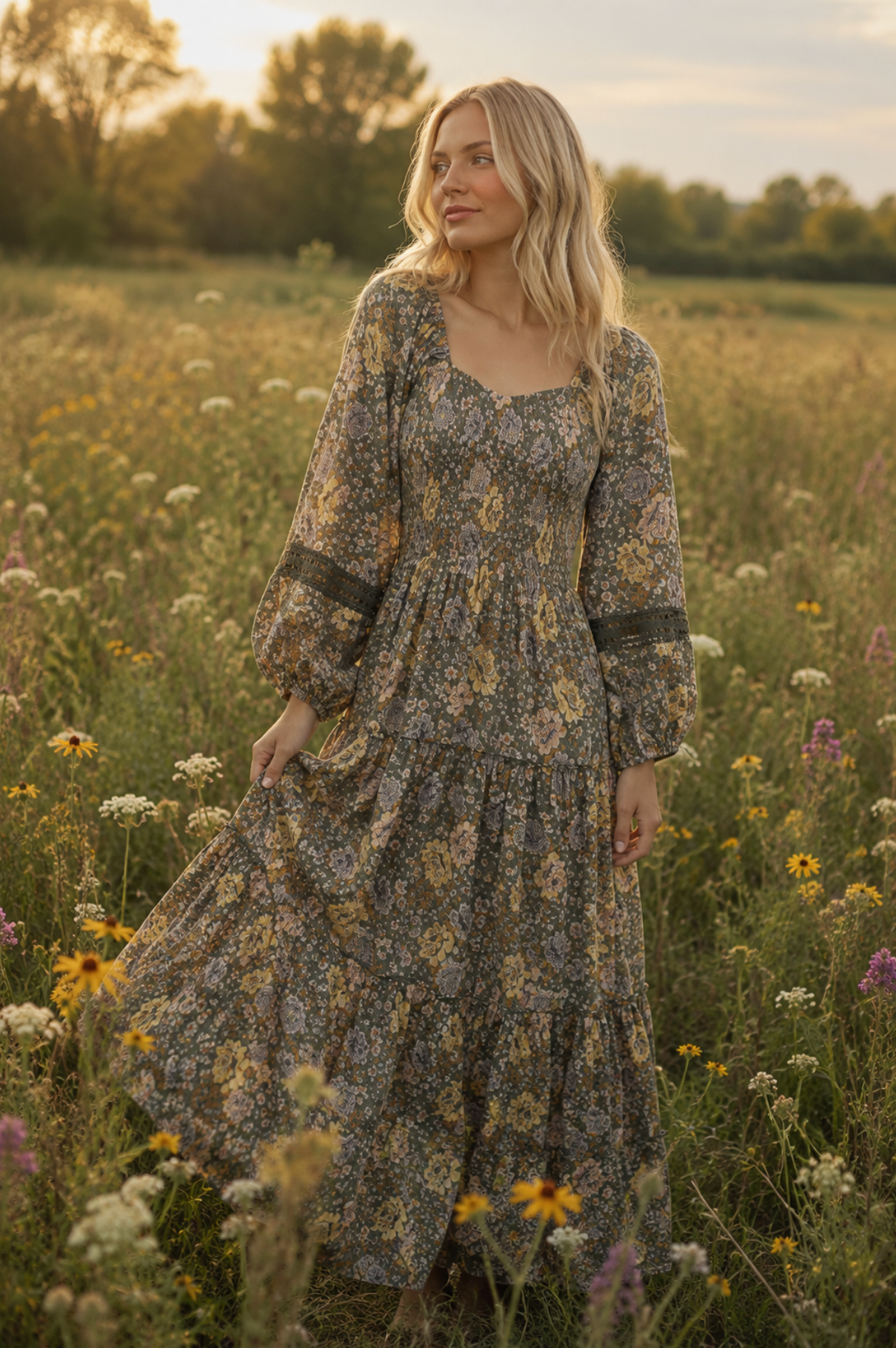 Long Sleeve Wild Flower Maxi Dress- Olive M
