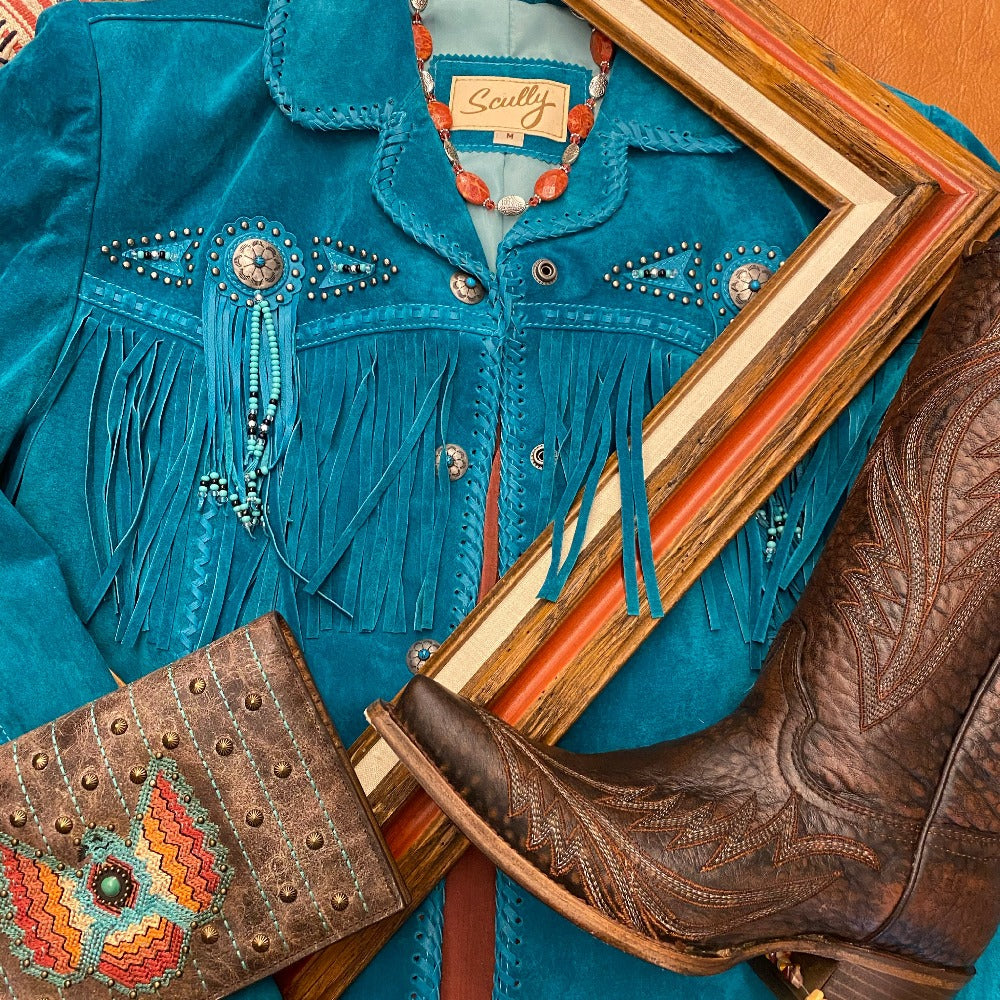 Tailored West Leather Jacket with Fringe and Beads - Turquoise - Scully