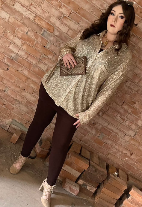 Tailored West Long Sleeve Sequin Button Front Top - Gold Beige