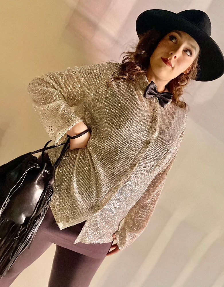 Tailored West Long Sleeve Sequin Button Front Top - Silver White