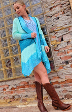 Load image into Gallery viewer, Tailored West Aqua and Teal  Lace Trimmed Long Cardigan
