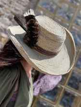 Load image into Gallery viewer, Tailored West Tan Woven Hat with Feather Embellished Hatband
