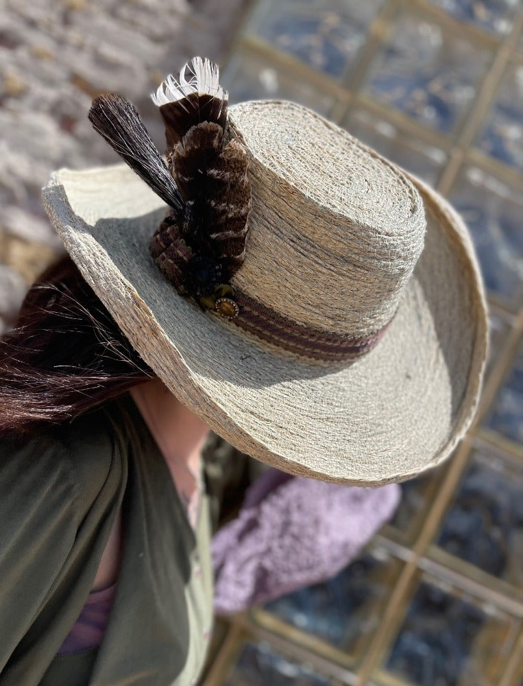Tailored West Tan Woven Hat with Feather Embellished Hatband