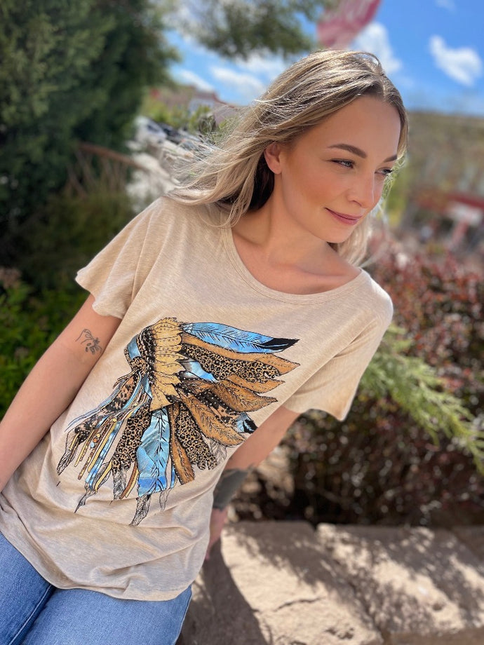 Vibrant Headdress Short Sleeve V-Neck Top Oatmeal