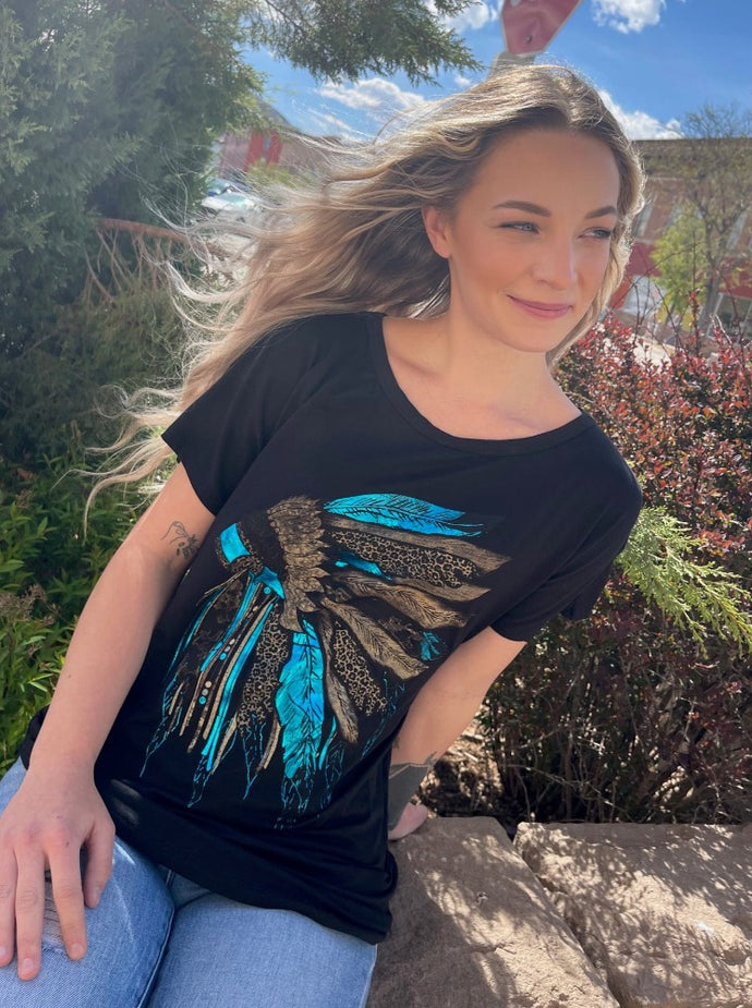 Vibrant Headdress Short Sleeve V-Neck Top Black