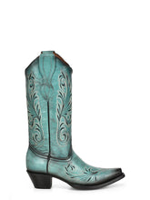 Load image into Gallery viewer, WHITE AND BLACK EMBROIDERY TURQUOISE SNIP TOE COWBOY BOOT
