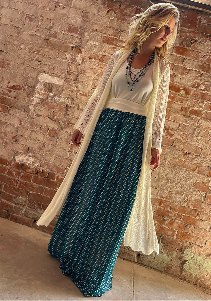Tailored West Polka Dot Stripe West Flared Maxi Skirt Teal & Cream