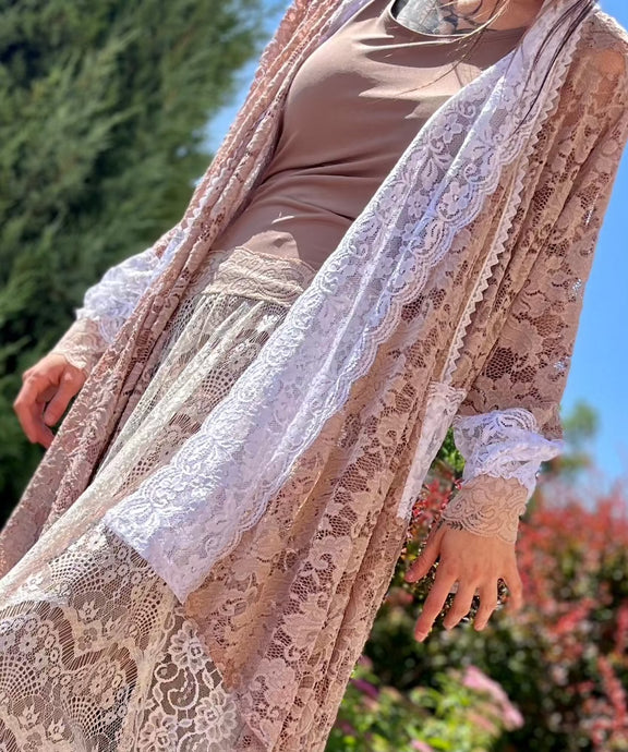Tailored West Soft Caramel and Cream West Romance Long Cardigan with Contrasting Lace Trim