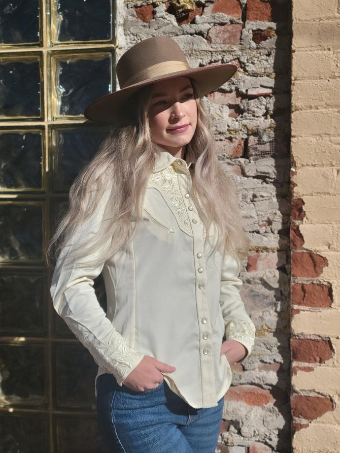 Scully Western Button Down Top - Ivory Floral Tooled