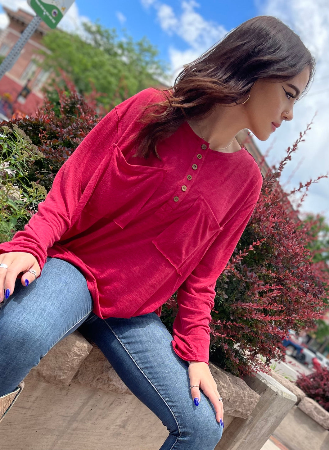Long Sleeve Button Front Top - Carnelian Red