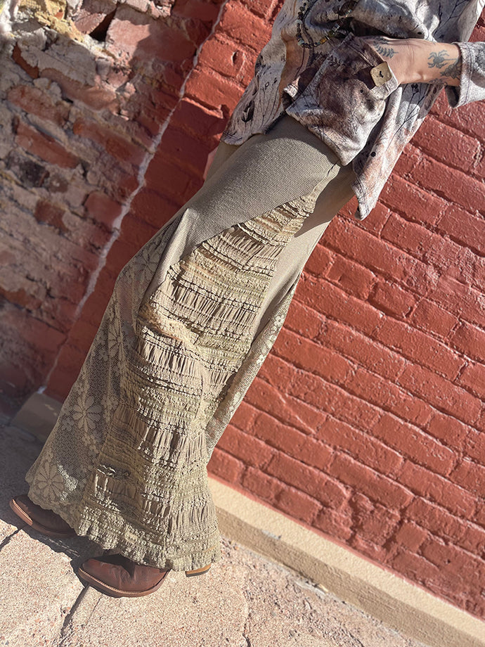 Wide Leg Pants with Lace and Satin Details - Olive