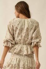 Load image into Gallery viewer, Floral Lace-Trim Ruffled V-Neck Top: Oatmeal-Yellow
