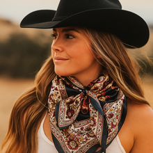 Load image into Gallery viewer, Navy and Burgundy Flowers and Paisley Wild Rag - Western Scarf
