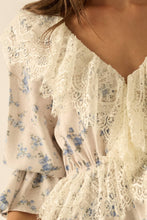Load image into Gallery viewer, Floral Lace-Trim Ruffled V-Neck Top: Oatmeal-Yellow
