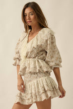 Load image into Gallery viewer, Floral Lace-Trim Ruffled V-Neck Top: Oatmeal-Yellow
