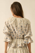 Load image into Gallery viewer, Floral Lace-Trim Ruffled V-Neck Top: Oatmeal-Yellow
