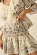 Load image into Gallery viewer, Floral and Lace Smocked Drop-Waist Ruffle Mini Skirt: Oatmeal-Yellow / M
