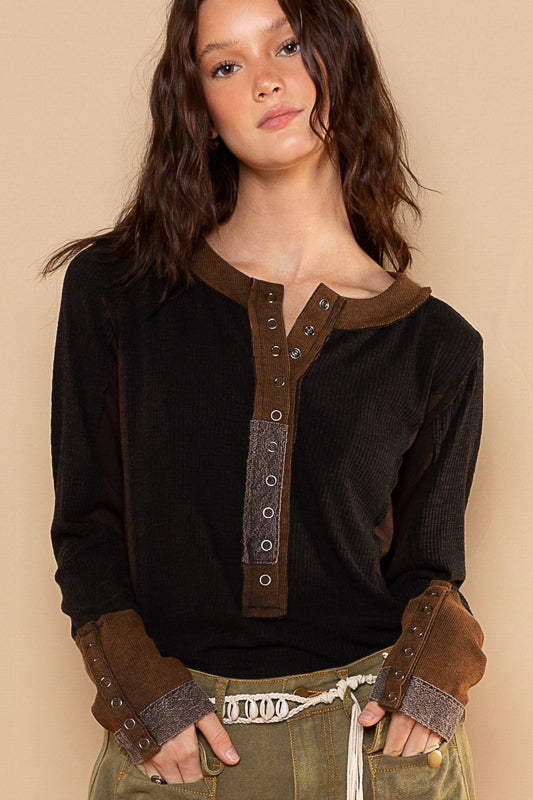 Tailored West Round-Neck Long Sleeve Top with 3/4 Snap Button Henley - Black