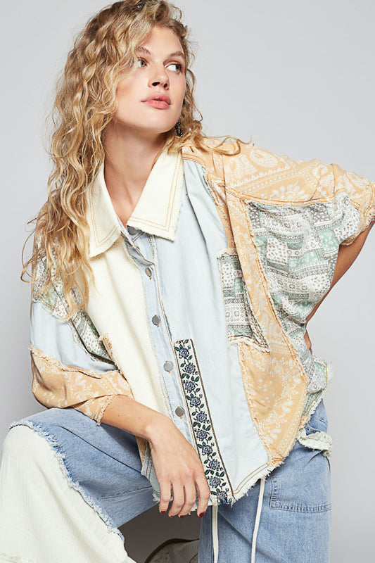 Patchwork Button Down Shirt - Light Denim Multi