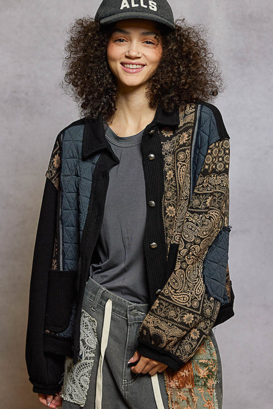 Button-Front Oversize Jacket - Charcoal and Black