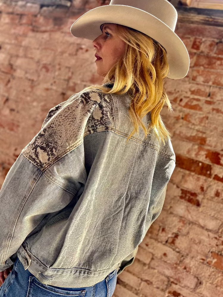 Tailored West Denim Jacket with Snake Skin Print Insets