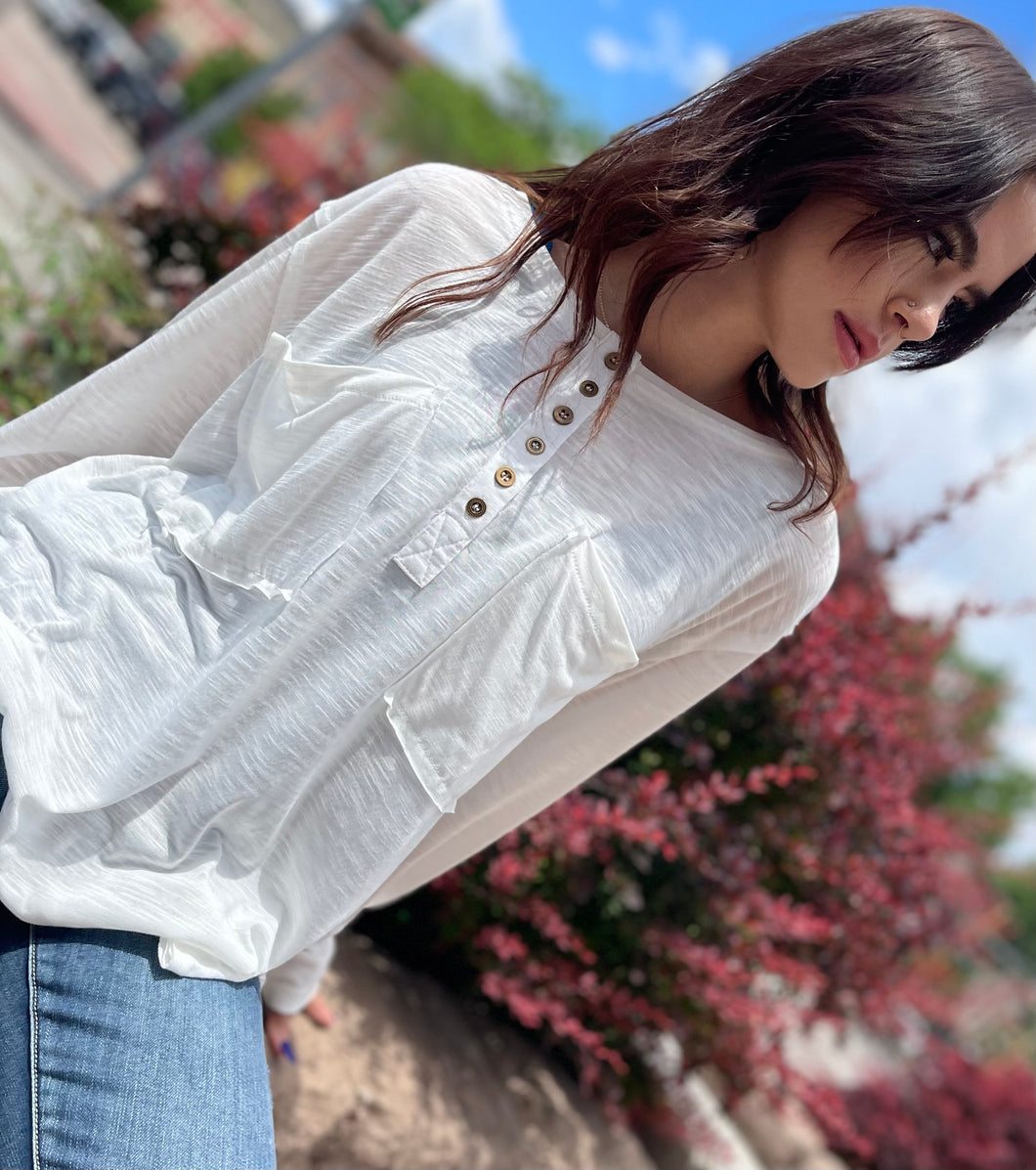 Long Sleeve Button Front Top - Off White