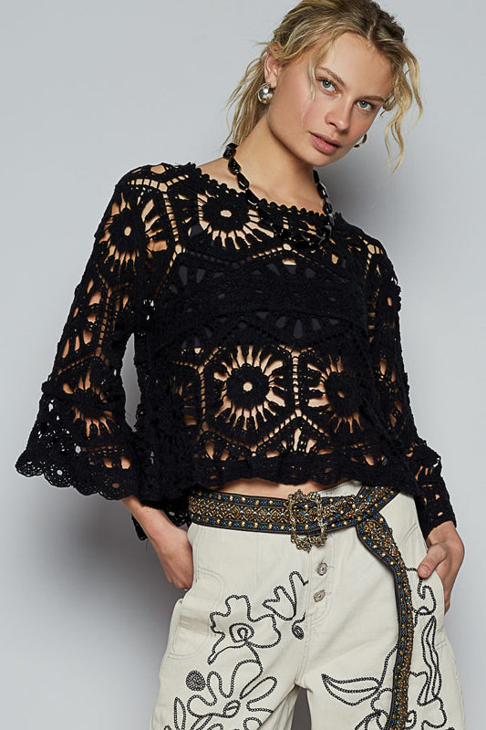 Crochet Scoop-Neck Three-Quarter Sleeve Top - Black