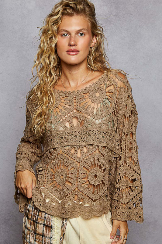 Crochet Scoop-Neck Three-Quarter Sleeve Top - Olive