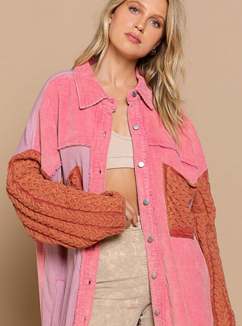 Corduroy Button Down Shirt with Knit Trim - Neon Pink & Brick