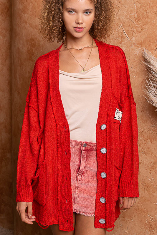 Oversize Long Button Front Cardigan - Cherry Red