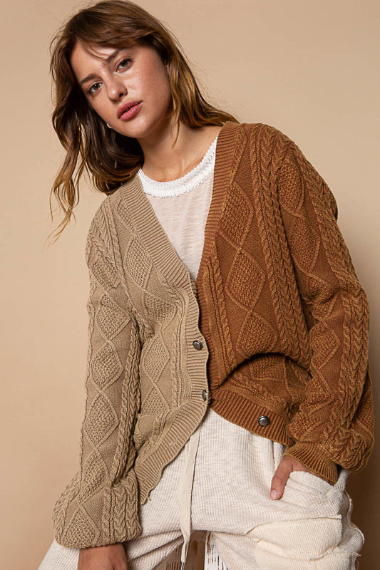 Button Front Color Block Cardigan - Sand and Chocolate