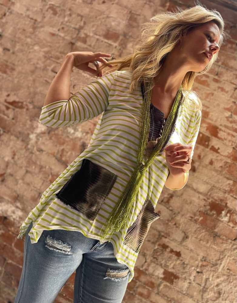 Tailored West Freddi Knit Top with Ombre Trim - Lime Green Stripe