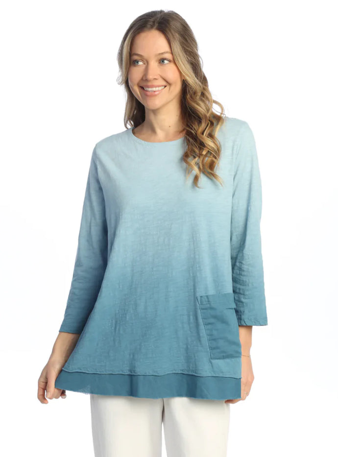 Ombre Mineral Wash Tunic Top with Contrasting Trim - Blue