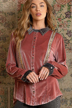 Load image into Gallery viewer, Long Sleeve Button Front Velvet Top - Pink and Charcoal

