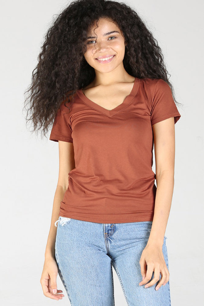 Short Sleeve V Neck Top Tee - Clay