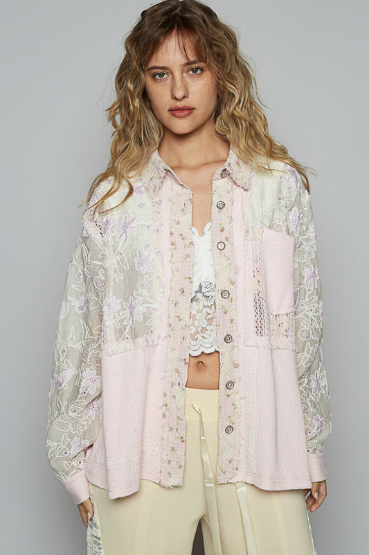 Long Sleeve Button Front Shacket - Pale Pink