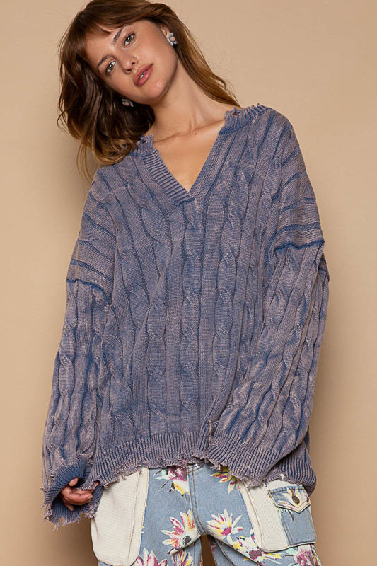 Relaxed Fit V-Neck Pullover Sweater - Antique Blue