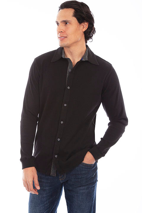 Men's Button Front Thermal Knit Shirt - Black