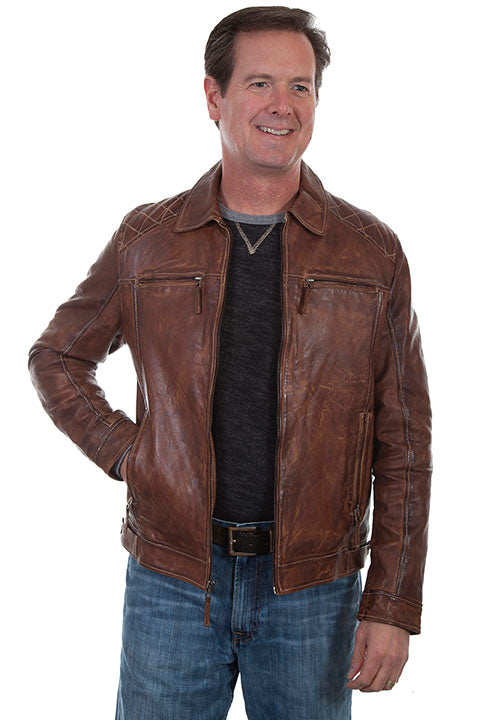 Men's Zip-Front Leather Jacket - Brown
